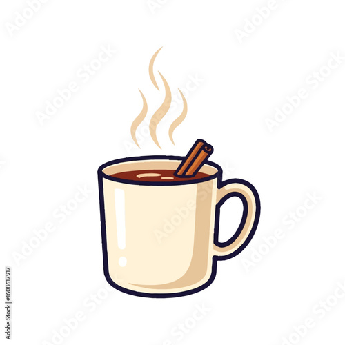 Cozy Hot Drink Mug with Cinnamon Stick Illustration. Steaming Warm Beverage for Autumnal Equinox, Fall, and Winter Comfort.