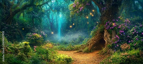 Enchanted fairytale forest with lush vegetation.