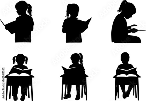 Black silhouette child studying desk young student figure reading books education learning
