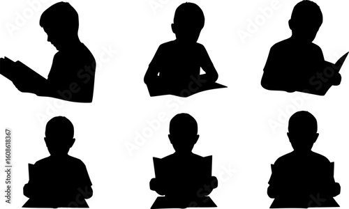Black silhouette child studying desk young student figure reading books education learning
