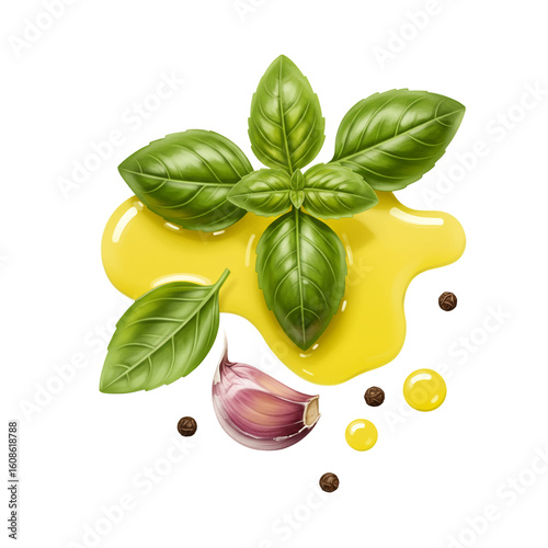 Fresh Basil Leaves with Garlic and Olive Oil Macro Shot