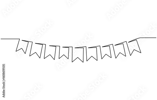 Continuous line art drawing buntings garland. Celebration party hand drawn flags, One line party garland sketch. Hand drawn elements.