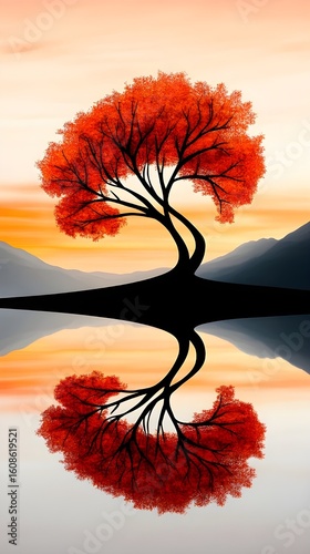 A fantasy book with a cover that features a highly detailed and intricate tree design. The tree's branches extend outwards and blend seamlessly into a picturesque sunset scene over a calm lake, with t