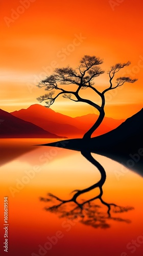 A fantasy book with a cover that features a highly detailed and intricate tree design. The tree's branches extend outwards and blend seamlessly into a picturesque sunset scene over a calm lake, with t