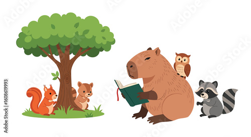 Wise Capybara Reading Book to Curious Forest Friends Owl, Raccoon, and Squirrels Listen Under Shady Tree, Depicting Peaceful Woodland Story Time Scene.