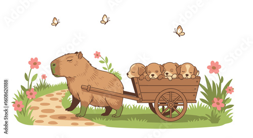 A gentle capybara pulling a wooden wagon filled with cute puppies on a journey through a spring meadow.