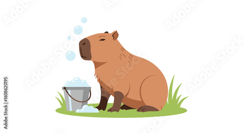 Capybara spa day concept. An adorable vector illustration of a rodent enjoying a relaxing bath time with a bucket of suds.