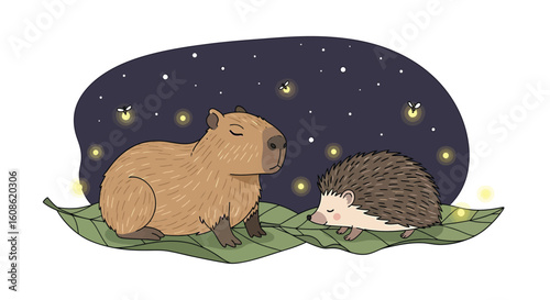 Charming illustration of a capybara and hedgehog sleeping peacefully on a large leaf under a starry night sky with fireflies