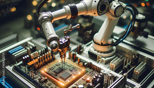 Industrial Robot Working in Electronics Factory