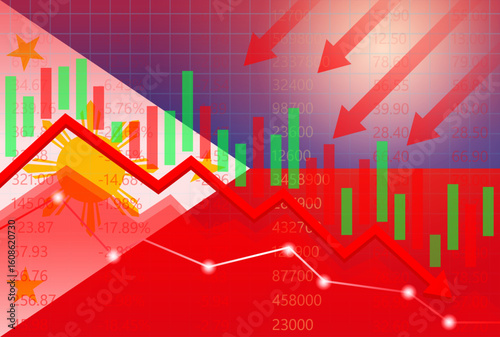 Philippines Economy. Flag of Philippines with Falling Financial Graph. Economic Crisis and Global Recession Concept. Vector Illustration.  