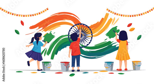 Three children joyfully paint the Indian flag on a white wall with vibrant orange, white, and green brushstrokes, celebrating patriotism and creativity.