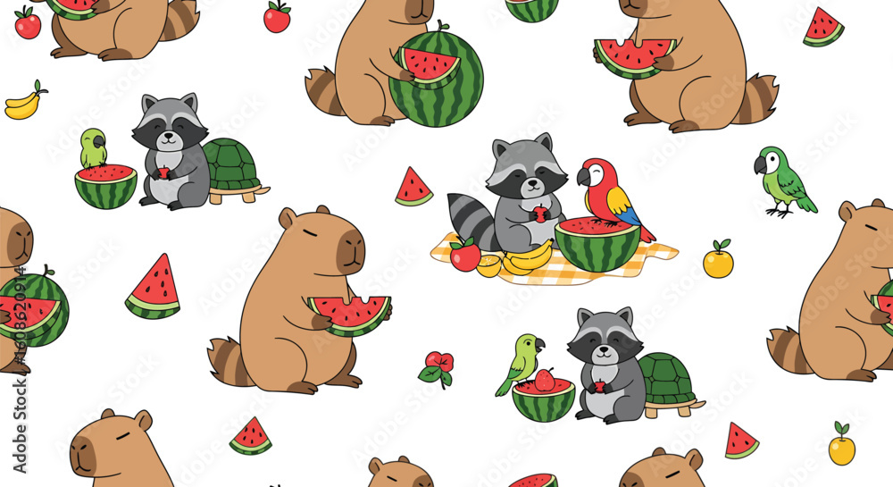 Fototapeta premium Seamless pattern featuring capybaras, raccoons, parrots, and turtles enjoying watermelon and other fruits on a white background.