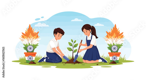 Two children planting a tree sapling in soil, surrounded by Indian flag themed flower pots in a grassy field.