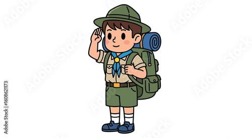 Cartoon illustration of a young boy scout wearing a uniform, hat, and backpack, saluting with a smile.