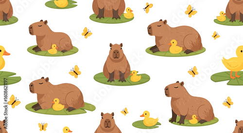 Seamless pattern featuring cute capybaras with yellow ducklings, butterflies, and green grass patches on a white background.