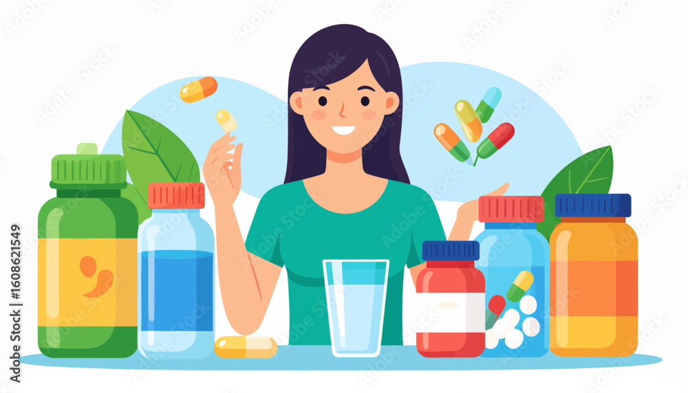 Healthy young woman with vitamins and medicine bottles for wellness and nutritional supplement routine Healthy young woman with vitamins and medicine bottles for wellness and nutritional supplement routine