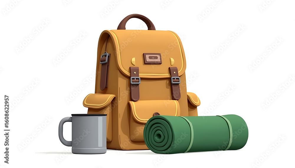Fototapeta premium Cartoon Camping Backpack Mug and Sleeping Pad 3D Illustration for Outdoor Adventures and Travel