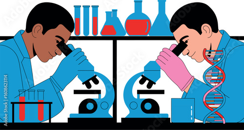 Two scientists working in a lab examining samples under microscopes with dna model and lab equipment visible