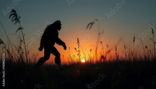 Silhouette of a Bigfoot Creature Walking at Sunset A Dramatic and Mysterious Nature Scene