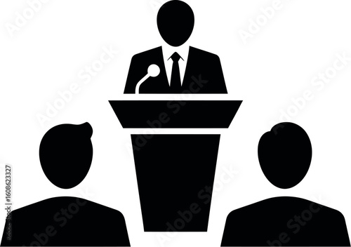 A black and white illustration of a person speaking at a podium with two people listening in the audience