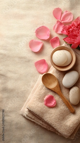 Relaxing spa treatment with smooth stones petals and cream at home wellness environment calm view