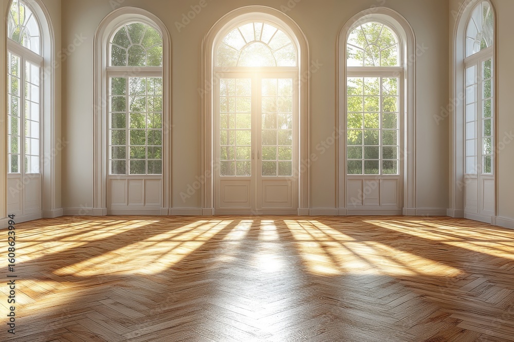 Obraz premium A sunlit room with large windows and wooden flooring, creating a warm, inviting atmosphere.