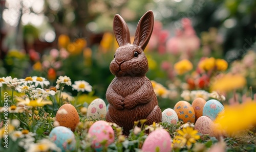 Close-up of a chocolate edible Easter bunny surrounded by flowers and colorful Easter eggs in a garden, celebrating spring and festive traditions with a focus on creativity and nature, Generative AI