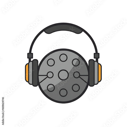 Headphones resting atop a stylized disc, suggesting audio listening or music production.
