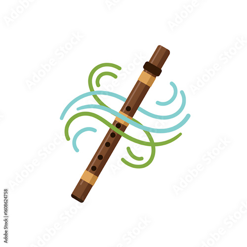 A wooden flute plays a melodious tune, its sound visualized by swirling musical notes.