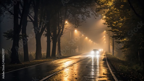 Night road with fog and car headlights driving through a dark and misty forest landscape scene at night