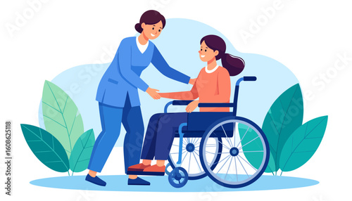 Compassionate caregiver assists patient in wheelchair with gentle touch, fostering well-being and support