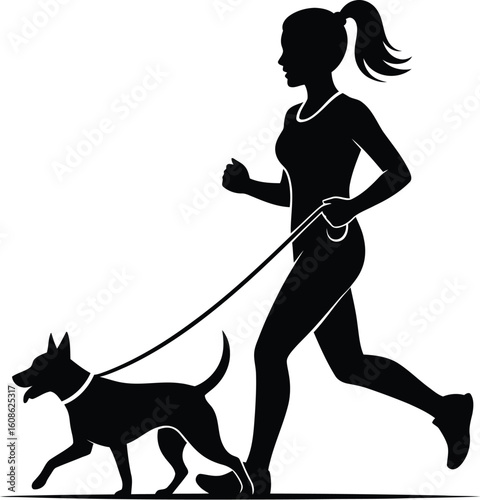 Vector art of a silhouette of a woman running with her dog, showcasing a healthy and active lifestyle