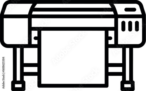 Illustration of a large format printer with paper roll on a light gray background in a simple line art style