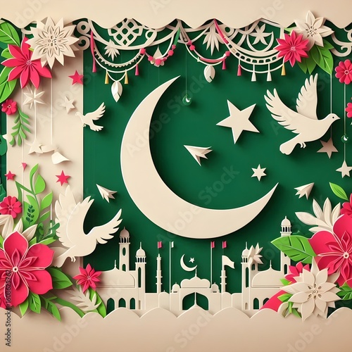 Pakistan Independence Day Paper Cut Illustration with Crescent and Doves.