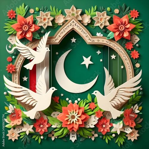 Pakistani Paper Style Flag Elements with Flowers – Independence Theme.