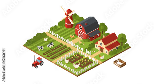 Adobe Illustrator artwork 3D isometric view of a charming farm scene with a house, barn, windmill, tractor, cows, chickens, and cultivated fields. Ideal for agriculture and rural life themes