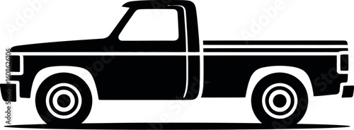 A black silhouette of a pickup truck with a regular cab on a light gray background in a simple style