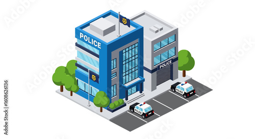 Adobe Illustrator artwork 3D isometric view of a police station building with police cars parked outside and surrounding trees. Ideal for law enforcement and urban safety themes