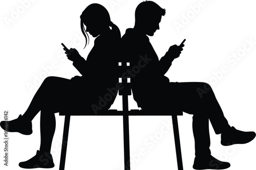 Vector art of a couple sits back to back a chair, each absorbed in their phones