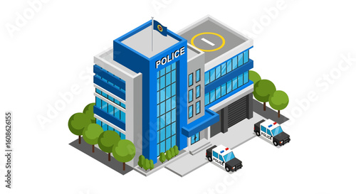 Adobe Illustrator artwork 3D isometric view of a police station building with police cars parked outside and surrounding trees. Ideal for law enforcement and urban safety themes