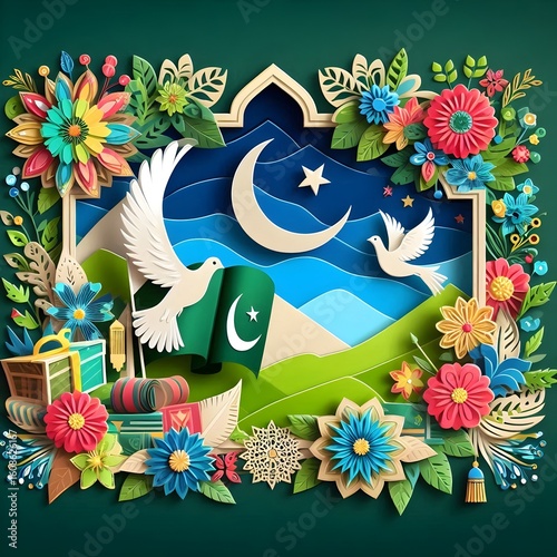 Crescent Moon, Star, and White Doves – National Day Concept of Pakistan.