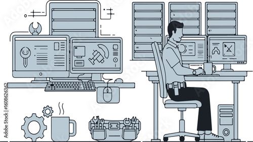 IT Technician or System Administrator Working at Desk with Multiple Monitors | Network Engineer Maintaining Servers and Cybersecurity Infrastructure