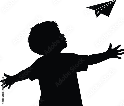 Vector art of a young boy reaches for a paper airplane, dreaming of flight and adventure