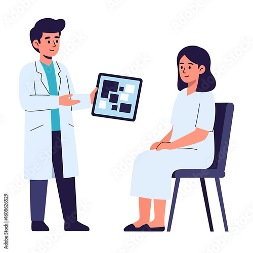 Doctor explaining medical scan results on a tablet to a female patient in a clinic. Modern healthcare consultation concept.