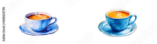 Artistic watercolor of a steaming coffee cup on a saucer, capturing warmth and coziness, perfect for morning beverage-themed designs. isolated