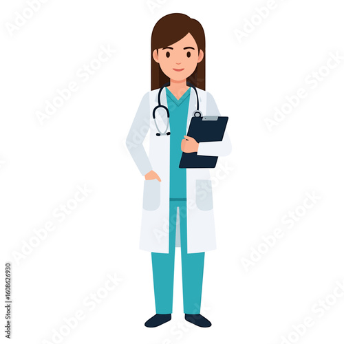 Friendly female doctor in a white lab coat and scrubs, holding a clipboard. Professional healthcare worker character illustration.