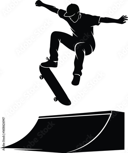 Vector art of a skateboarder jumps off a ramp, creating a silhouette