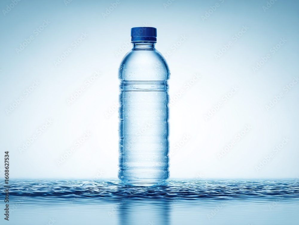 Clear plastic water bottle on a reflective surface Clear plastic water bottle on a reflective surface