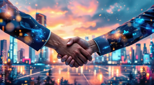 Fototapeta Naklejka Na Ścianę i Meble -  Partnership in a futuristic cityscape with a handshake at sunset.
