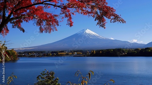 Iconic view of Mount Fuji, Japan's highest peak with a snow-capped conical summit, surrounded by cherry blossoms in spring, vibrant autumn foliage, and the serene waters of Lake Kawaguchi reflecting i